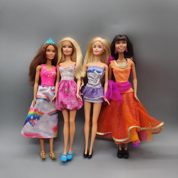 Mattel Barbie Dolls Lot of 4 Party Dresses 1999-2013 Rainbow Skirt Purple Orange - Picture 1 of 16